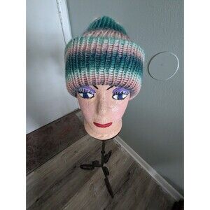 Beanie Reversible Multicolored Hand Knit Hat Toboggan Green Pink Blue Cream